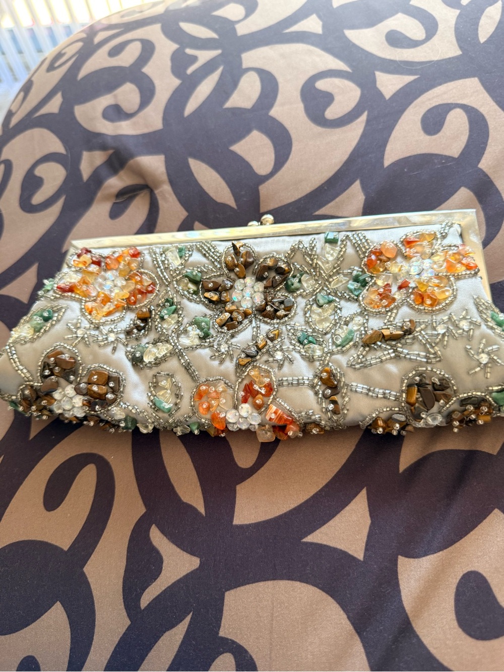 Preston and York Embellished Satin Clutch Bag in Silver w/Multicolor Beading